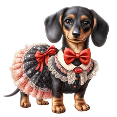 dachshund puppy in a red dress
