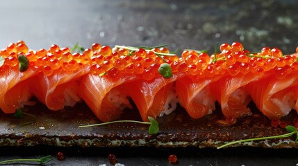 Horizontal arrangement of red caviar and smoked salmon