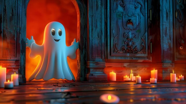 A friendly 3D cartoon ghost popping out of a haunted mansion doorway with floating candles around, isolated on a plain white background, generous copy space for text