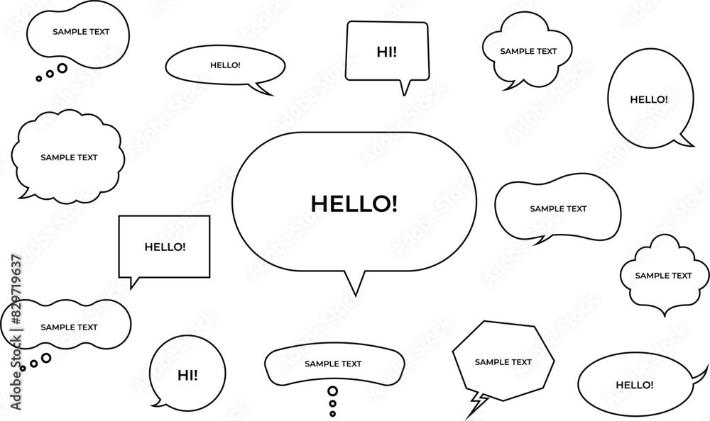 Poster set of dialog bubbles of different shapes and colors on an isolated background. doodle hand drawn ve