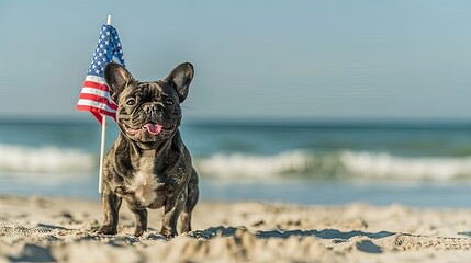 Patriotic Paws: Dog Running Free With American Flag Along Shoreline