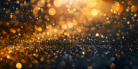 Abstract luxury gold background with gold particles glitter vintage lights background Christmas Golden light shine particles bokeh on dark background.