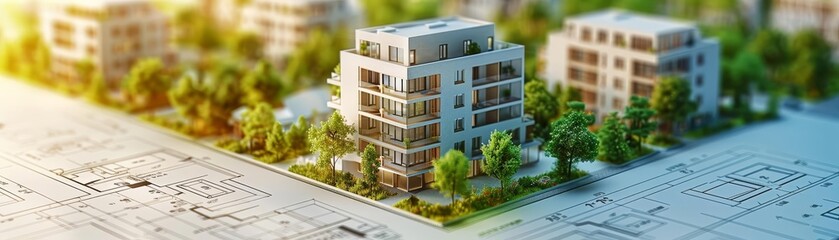 A 3D rendering of a modern apartment building. The building is made of glass and steel and has a green roof. It is surrounded by trees and plants.