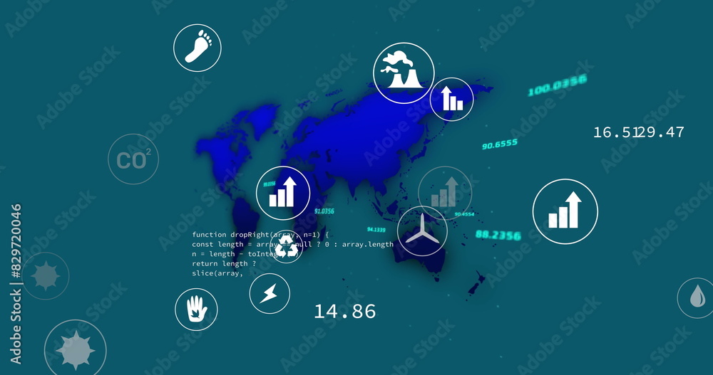Poster image of eco icons and data processing and world map over blue background