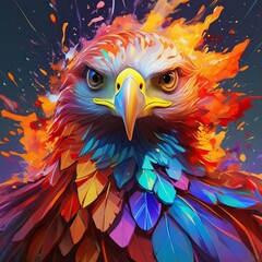 Colorful eagle with yellow beak and feathers around