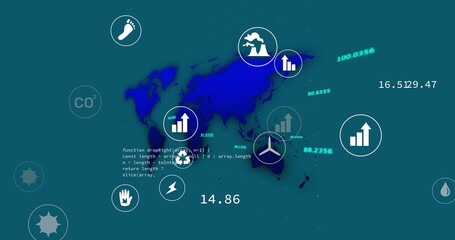 Image of eco icons and data processing and world map over blue background