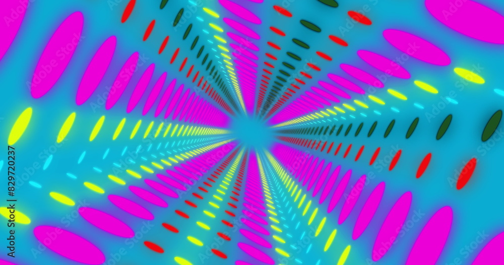 Poster image of abstract neon circles pattern moving on blue background