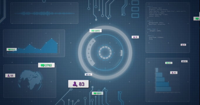 Image of social media notification icons over scanning circle and hud screens