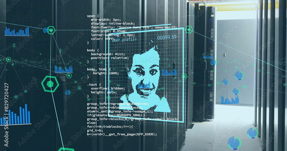 Poster image of changing profile icons, network of connections and data processing against server room