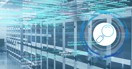 Image of mathematical equations and data processing against computer server room