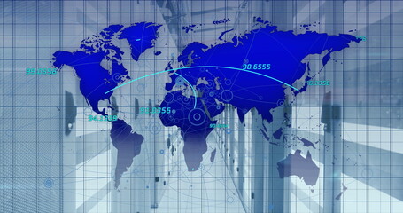 Image of network of connections over world map against computer server room