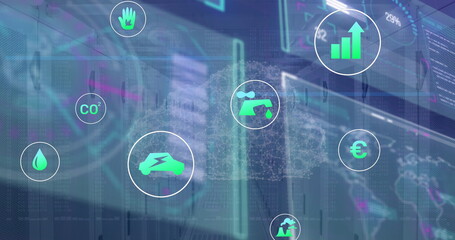 Image of interface with data processing and multiple digital icons against computer server room