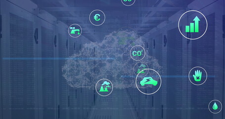 Image of interface with data processing and multiple digital icons against computer server room