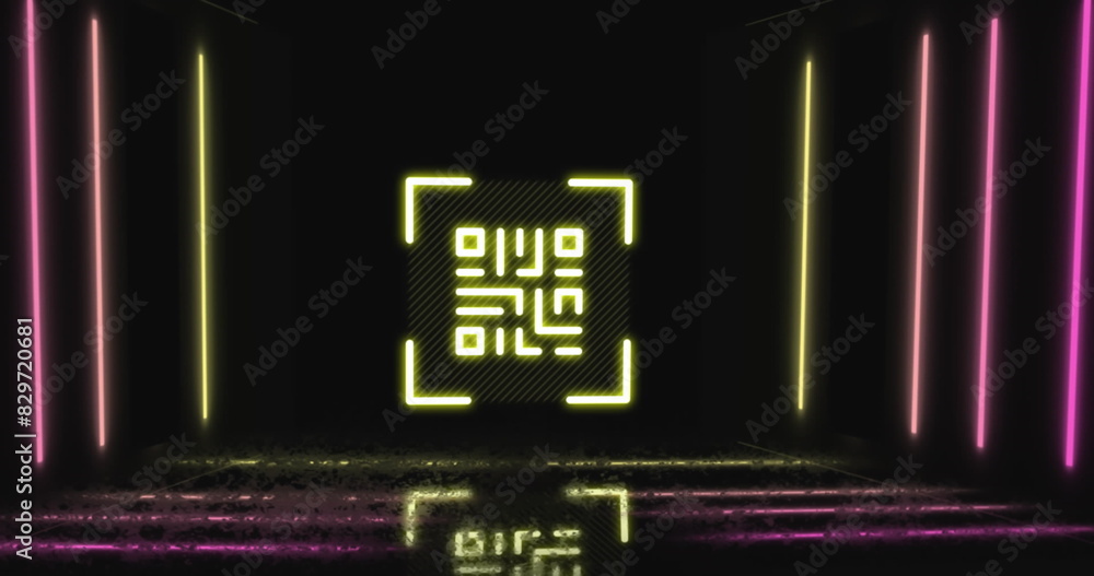 Poster image of glowing qr code over neon lines