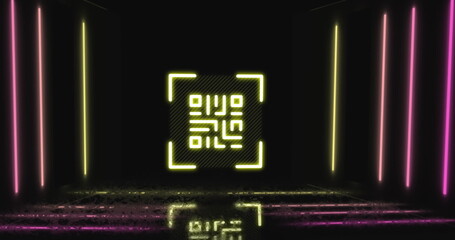 Image of glowing qr code over neon lines