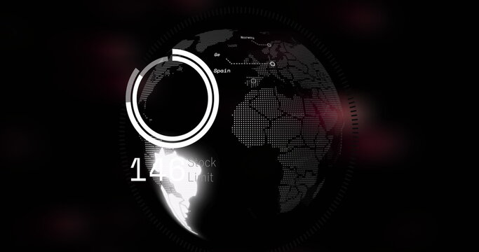 Image of numbers and data processing over globe and dark background