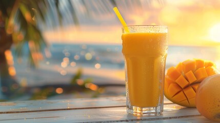 Refreshing mango smoothie on a tropical beach at sunset, evoking a sense of relaxation and summer vibes. Generative Ai