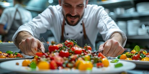 A man dressed in a chefs uniform is skillfully preparing food on a plate