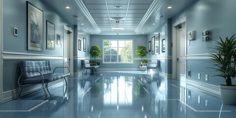 Obraz premium A hallway stretches into the distance with a bench and potted plant placed along its length