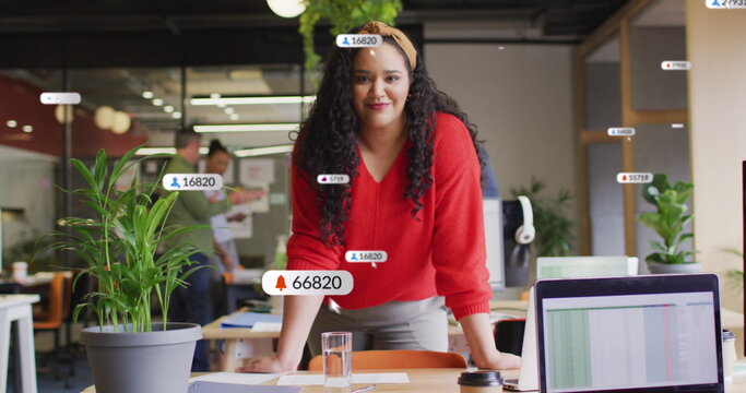 Image of social media data processing over diverse business people in office