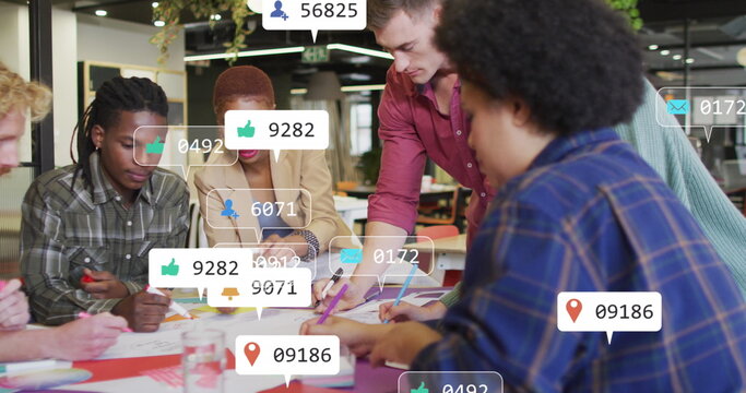 Image of social media data processing over diverse business people in office