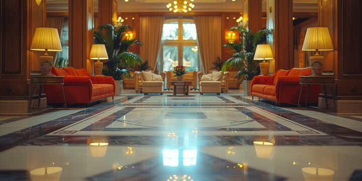 A luxurious hotel lobby featuring a large chandelier hanging from the ceiling and stylish chairs arranged neatly around the room