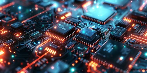 Fototapeta premium Detailed view of a computer circuit board with microchips and electronic components