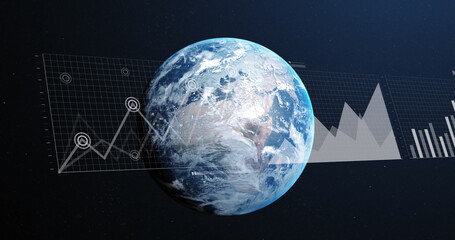 Image of statistical data processing against spinning globe in space
