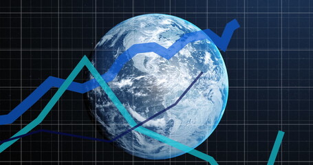 Image of statistical data processing over grid network against spinning globe in space