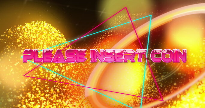 Image of please insert coin text banner over orange glowing digital waves and neon round scanner