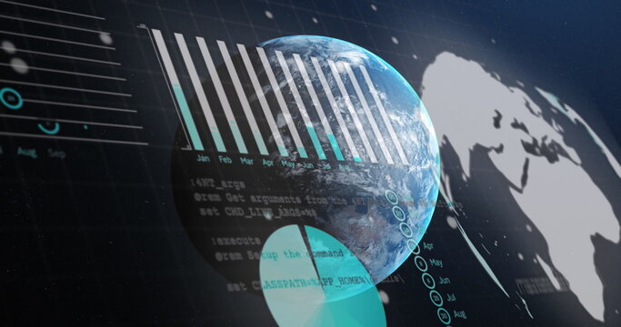 Image of statistical data processing against spinning globe in space