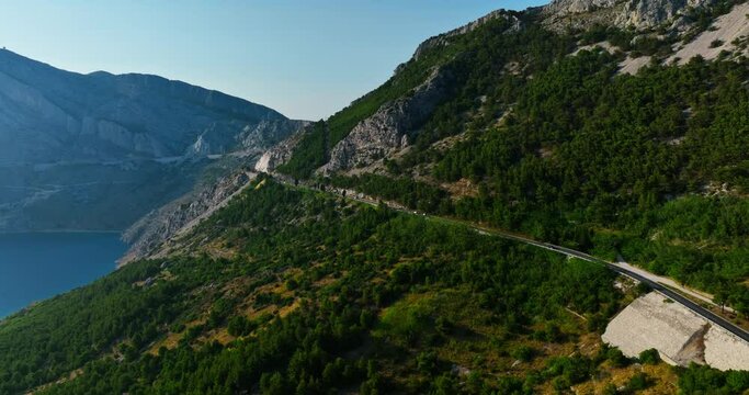 Aerial view of traffic route D8 on the coast of the Makarska riviera in Croatia
