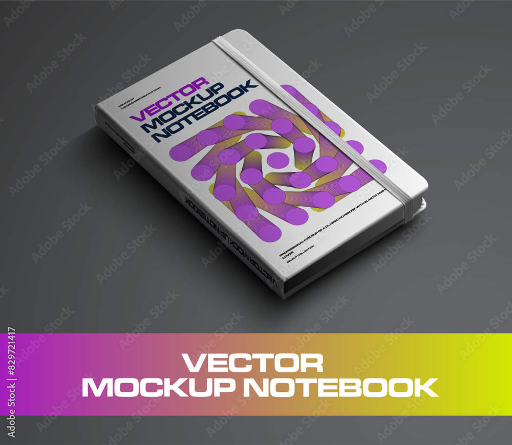 Poster Mockup vector notebook with elastic band with geometric abstract design on hard cover.