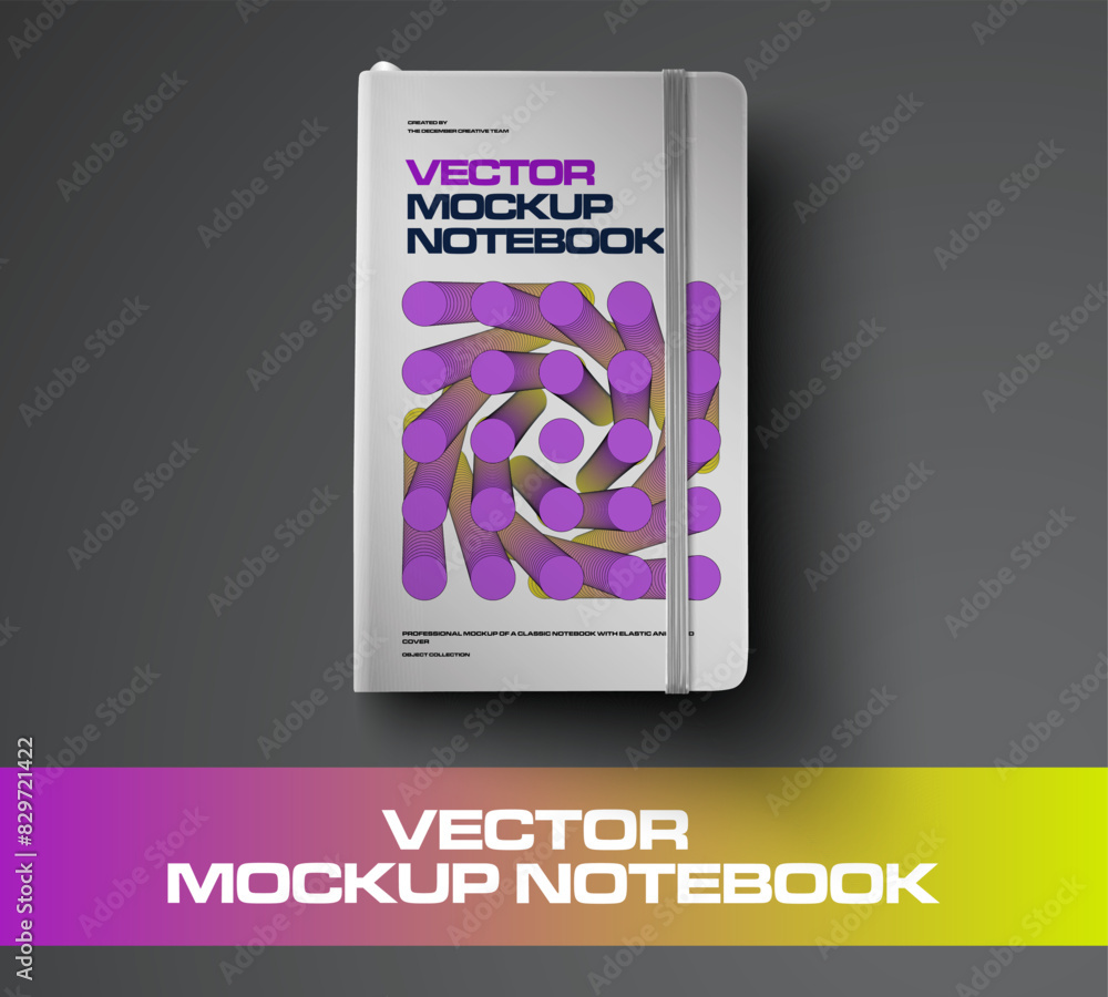 Poster Vector mockup of notebook with elastic band, bookmark, with abstract design on hardcover, diary presentation for notes, sketch.