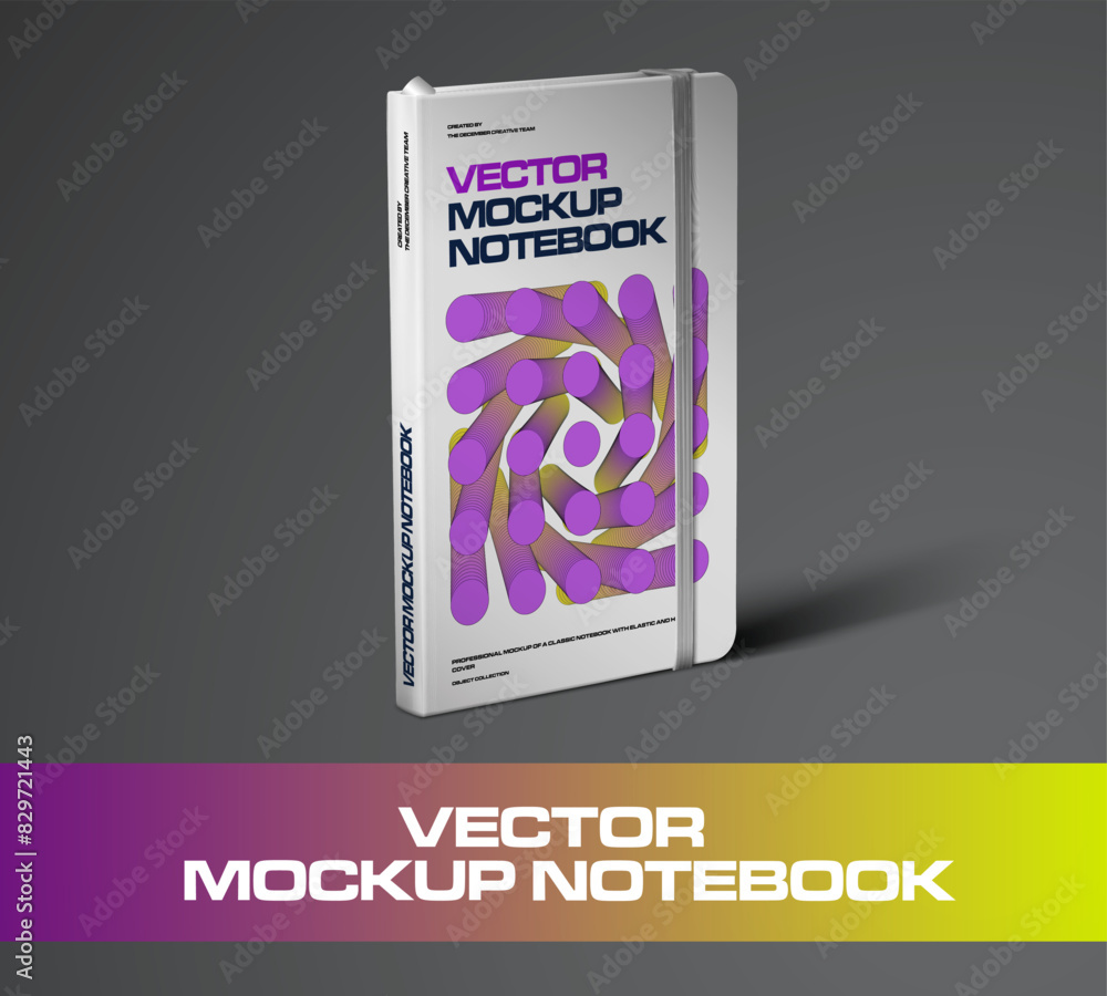 Poster Vector template of notebook with elastic band, bookmark, with abstract design on hardcover, standing notepad for notes, planning.