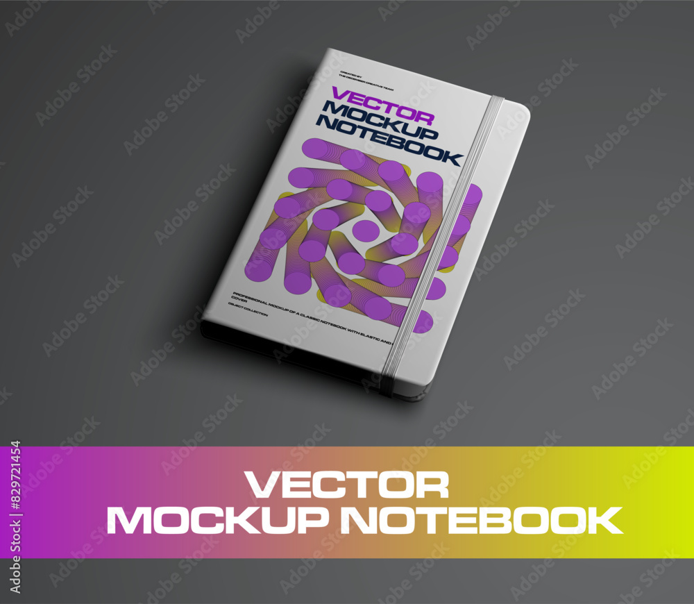 Poster Vector mockup of notebook with elastic band, with abstract design on hard cover, diagonal presentation, diary for notes, sketch.