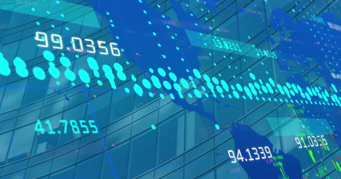 Image of data processing over world map against tall building