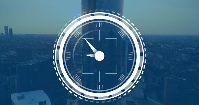 Image of scope scanning over ticking clock icon against aerial view of cityscape