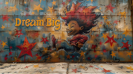 Street art featuring dynamic graffiti character leaping with joy surrounded by stars and the phrase Dream Big in bold encouraging ambition and imagination