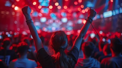 A woman energetically raises her arms in a crowded concert venue, amidst bright lights and cheering...