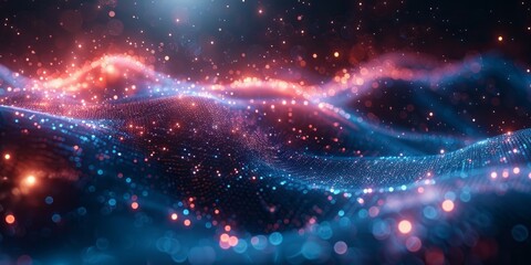 Fototapeta premium Blue and red swirling abstract background with twinkling stars scattered throughout