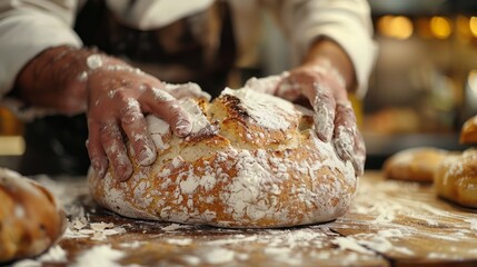 A person kneads a loaf of bread on a table