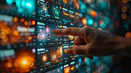 A person pointing at a display of data on a wall in a room filled with technology and screens