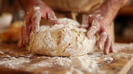 A person is kneading dough on a wooden table