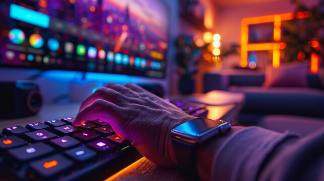 A person is typing on a keyboard while wearing a smart watch on their wrist