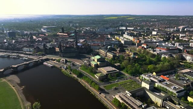 Aerial Drone Shot Over Dresden historic city center, Germany at Elbe river. Katholische Hofkirche cathedral Sanctissimae Trinitatis