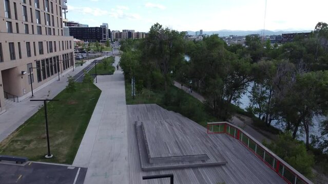 A drone view of Denver, Colorado's RiNo neighborhood along the Platte River. 