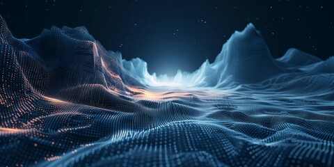 Computer-generated depiction of a vast mountain range with peaks, valleys, and snow-covered slopes under a blue sky