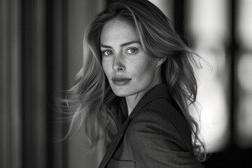 Fototapeta premium AI generated illustration of a fashionable woman in a suit in grayscale