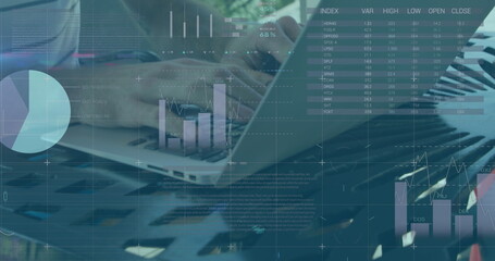 Image of infographic interface over smiling caucasian businessman working over laptop